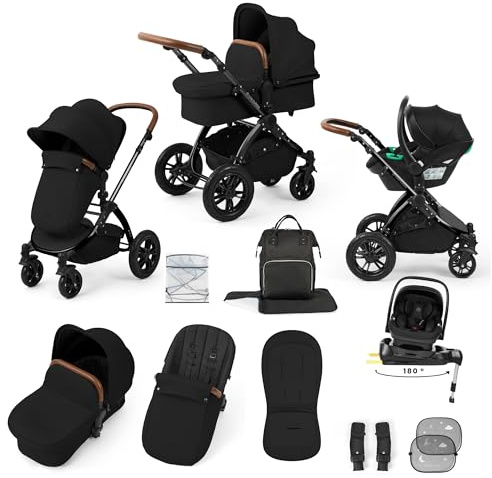 Ickle Bubba Luxe 3‑in‑1 Travel System with Nimbus i‑Size 180° Spin ISOFIX Base – Pram, Pushchair, Carrycot & Car Seat for Newborn to 22kg | Midnight/Tan Black Chassis