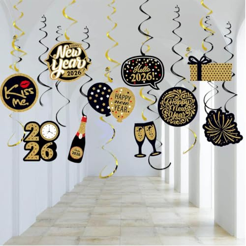 Silvester Deko 2026 Hängende Wirbel,Happy New Year 2026 Deko Schwarz Gold Swirl Streamers Silvesterdeko Neujahr Spiral Hängedeko Silvester Girlande Party Dekorationen für Home Indoor Outdoor