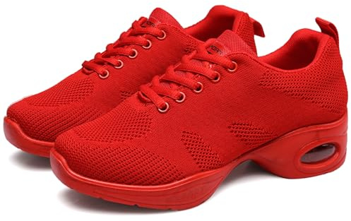 Hiuzylqx Dam Jazzdansskor Snörning Mesh Danssneakers Casual Luftkudde Platå Promenadskor Latin Ballroom Skor,Red,41 EU
