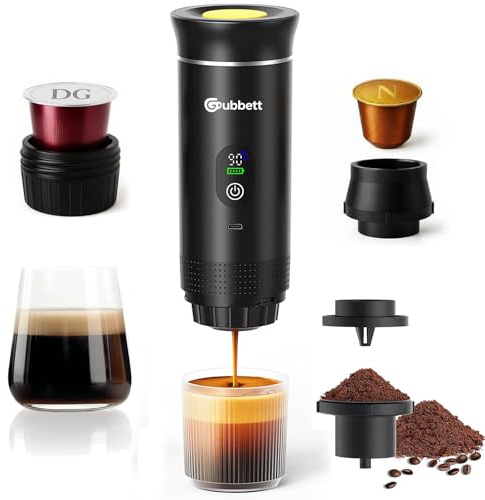 Gubbett Machine à Cafe Portable, Cafetière Portable 3 en 1 Compatible avec les Capsules Espresso et Poudre de Café, Chauffage Électrique, Rechargeable, Maison, Pour Voyage, Camping, Voiture