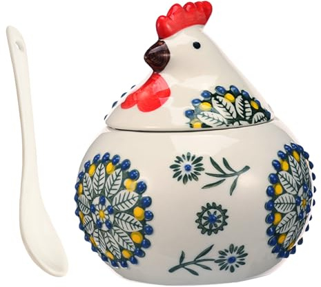 Bpyhebe Hand-Painted Ceramic Rooster Salt Cellar, 400ml Novelty Floral Cookie Jar Condiment Pot with Lid and Spoon, Rustic Farmhouse Kitchen Table Decor Sugar Bowl Storage Container, 11x13.5cm