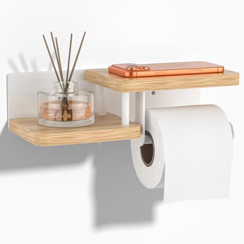 Toilettenpapierhalter Mit Ablage,Toilettenpapierhalter Eiche, Küchenrollenhalter Holz Schraubenbohrung-Edelstahl & Bambus-Klorollenhalter für Küche und Badzimmer Weiß