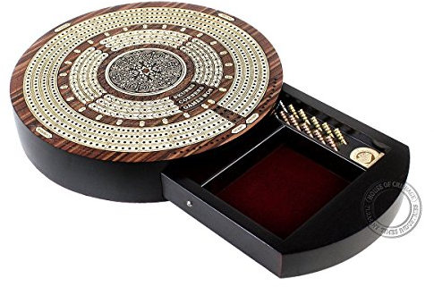 House of Cribbage - 10 Round Shape 4 Tracks Continuous Cribbage Board - Rosewood/Maple - Push Drawer with Score Marking Fields for Skunks, Corners & Won Games