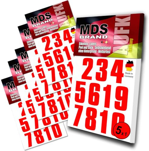 MDS Brand 5cm Zahlen Aufkleber Rot | Selbstklebende Klebezahlen | Vinyl Hausnummern zum Aufkleben für Briefkasten, Mülltonnen, Hausnummer für Außen & Innen 5xpk (Rot)