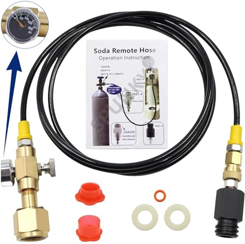 Co2 Tank Cylinder Direct Adapter (Gauge and Bleed Valve), CGA320 to TR21-4 Soda Machine Adapter with 60in High-Pressure Hose, Compatible for Soda Maker, Adapte to fizze/one touch/jet