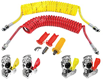 Ryme Automotive Kit Freno Aire Camión Remolque, 2X Serpentines Aire Pur M16x1,5 Rojo y Amarillo 5M con Cabeza Acoplamiento Automaticas y Manuales. Manetas Incluidas