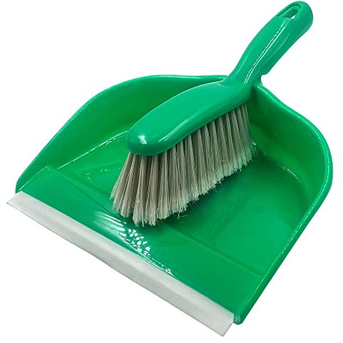 Colour Coded Dustpan and Brush Sets | 22cm Wide Plastic Dustpan with Rubber Lip, and Soft Bristle Brush | Hand Brush and Pan for Domestic and Commercial Use (Green)