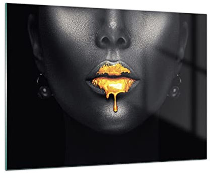 Quadro su Vetro 100x70cm Stampe da Parete in Vetro Oro Bocca Nero Grandi Decorazione Murale Camera da Letto Cucina 1 pezzo Quadri Moderni Soggiorno Grafica Immagini Wall Art GAA100x70-4460