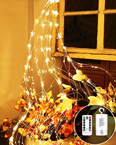 Joysing Lichterschweif 2M 200 LED Lichterschweif mit Batterie und Timer, Fernbedienung,8 Modi Lichterkette Wasserfall Wasserdichte lichterbündel Weihnachtsbeleuchtung für Innen Außen - Warmweiß
