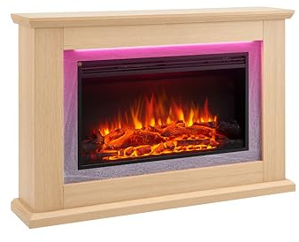 FLAMME 47 Freestanding Electric Fireplace Suite, Evora, Natural Oak | With 1kW-2kW Fireplace Heater, Dimmable LED Flame Options and Warm White Mood Lighting, Remote Control, Custom Timer