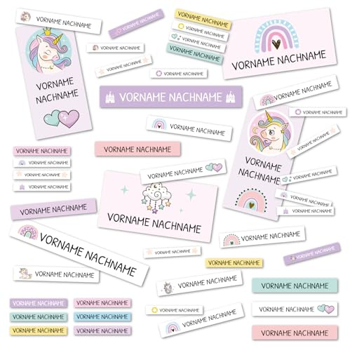 138 Namensaufkleber mit Wunschname personalisiert Aufkleber Sticker Set mit Kinder Name Beschriftung für Schule Kindergarten Hort Hefte Stifte Bücher (02 Einhorn)