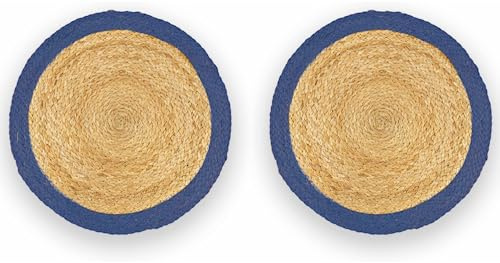 2 pz Tovaglietta Americana Rotonda in Juta, 2x Sottopiatto Tondo in Vimini Intrecciato Ø38 cm con Bordo Colorato Blu