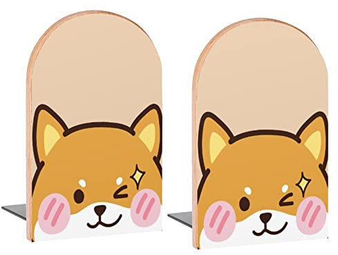 Kawaii Shiba Inu Buchstützen aus Holz, dekorative Buchstützen für Regale, Kinderzimmer, Schreibtisch, Zuhause, Büro, Buchstopper für Zeitschriften, Bücher, DVDs, 1 Paar/2 Stück (12,7 x 7,9 cm)