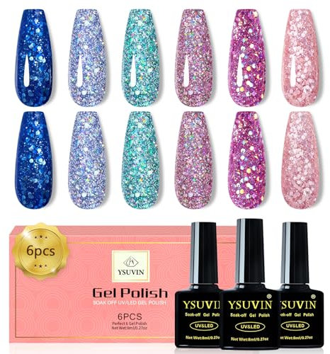 YSUVIN UV Nagellack Glitzer, 6 Farben Blau Cyan Rosa Glitzer Gel Nagellack Set Glänzender Funkelnder Gold Rosa Blau Cyan Nagellacks Soak-off UV Gellack für Frauen Home Nail Art Maniküre, 8ml