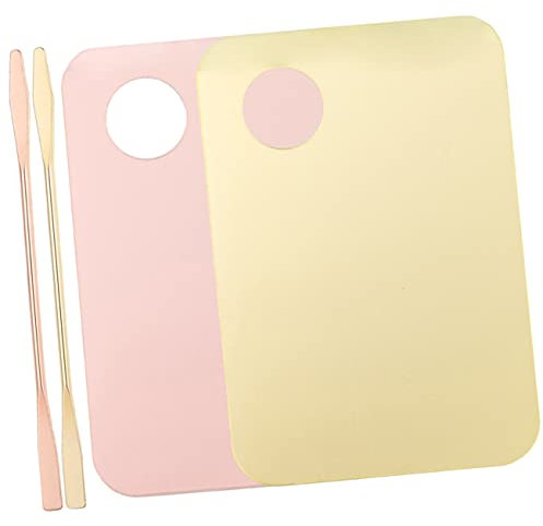 FRCOLOR Acrylic Makeup Mixing Palette Set 4pcs Spatulas, Portable Nail and Foundation Mixing Tray for Cosmetic Pigment Blending, 2 Pink and 2 Gold Makeup Plates for Professional Artists