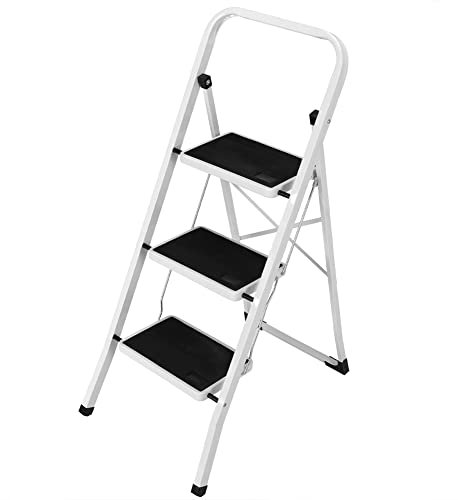 Bakaji Scala Scaletta Pieghevole Quadrata Salvaspazio con Gradini Antiscivolo e Maniglione di Sicurezza Sgabello Struttura in Acciaio e Rivestimento in Gomma Portata massima 150kg (3 Gradini)