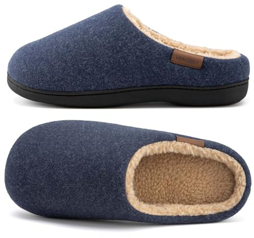 VeraCosy Men's Fuzzy Slip-on Slippers Warm Comfy Memory Foam Non-slip Indoor House Shoes Navy, 10-11 UK