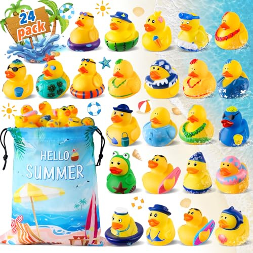 24 Pcs Summer Rubber Ducks with a Bag, Ducks for Cruise Ship Hiding, Ducks for Jeeps, Assorted Beach Duckies Toys for Summer Vacation, Cruise Essentials 2026, Beach Party Favors Gifts for Kids