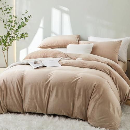 Sedefen Plüsch Bettwäsche 200x200cm Beige Flauschig Flanell Fleece Warme Winterbettwäsche Cashmere Touch Coral Kuschelige Bettbezug und 2 Kissenbezug 80x80cm mit Reißverschluss
