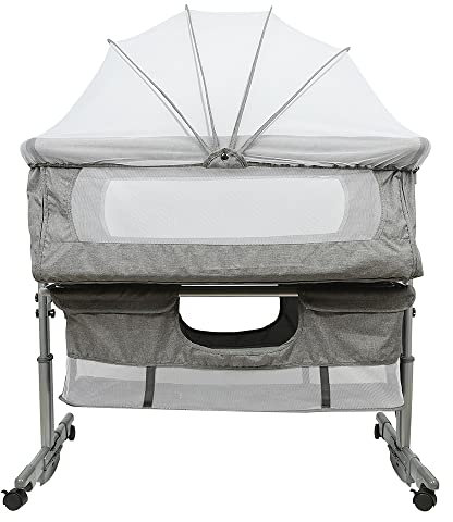 Zustellbett 3in1 Baby Beistellbett Reisebett Babybett mit weich Matratze, mit Rollen Kinderbett, Höhenverstellbar, Stubenwagen Babybett Tragbares mit Aufbewahrungskorb (92*58*70-90cm, Dunkelgrau)