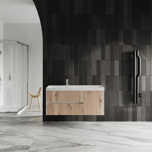 Kiamami Valentina - Mobile bagno sospeso 120cm bianco e rovere oro cannettato senza specchio Cortina