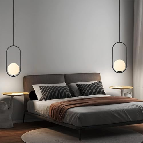 RuiRfh Pendelleuchte industrielle Retro Nachttischlampe E27 Beleuchtung Esstisch schwarzer Metallring Kronleuchter Glaskugel Lampenschirm moderne Wandlampe Loft Eingang Restaurant Schlafzimmer Flur Ba