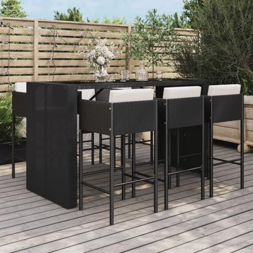 CIADAZ 7-TLG. Gartenbar-Set mit Kissen Schwarz Poly Rattan Outdoor Möbel Wetterfest, Bartisch Set, Gartenmöbel Set, Gartenbar Outdoor, Outdoor Bar - 3200664
