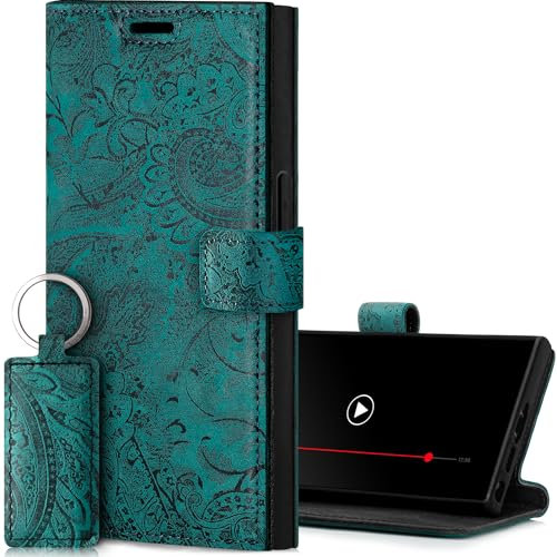 SURAZO Handyhülle für Samsung Galaxy S24 Ultra Hülle Leder – Klappbare Echtleder Schutzhülle [Magnet, Kartenfach, RFID Schutz, Blumenmuster] Flip Klapphülle Wallet Case Cover Lederhülle (Türkis)