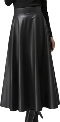 Lederrock für Damen, elegant, Bürorock, PU, einfarbig, Midi-Party, hohe Taille, Schwarz , 48