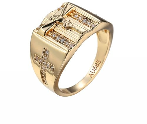 KnSam Echtgold Schmuck Freundschaftsringe 14 Karat Gold 585, Jesus Kreuz Eheringe, 14K Gold Ring, Gr.60 (19.1)