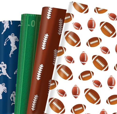littkeef cliaet Fußball-Geschenkpapier-Set – 12 Bögen Fußball-Geschenkpapier, 4 Designs, Fußball-Geschenkpapier für Fußball-Motto-Party-Dekorationen, 50,8 x 68,9 cm