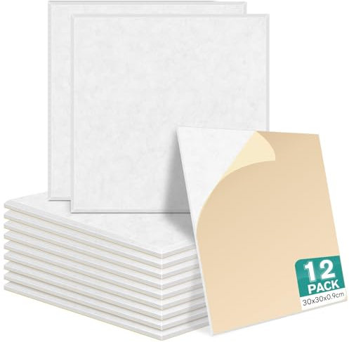 12 Stück Akustikplatten Selbstklebend, 30x30cm Akustikschaumstoff Weiß für Wanddekoration und Akustische Behandlung, Akustikpanel Schallschutzplatten Akustikplatte Akustikelemente