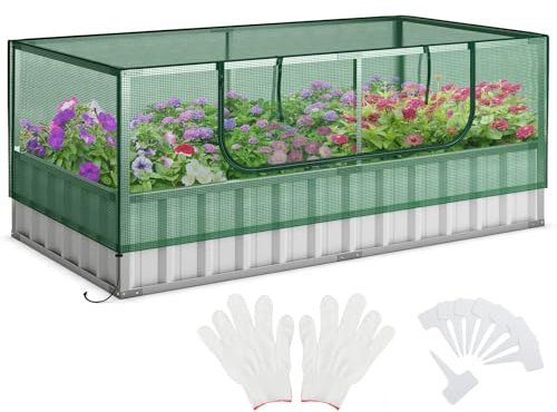 RELAX4LIFE Serre de Jardin rectangulaire galvanisé avec Housse Amovible, Lit de Jardin avec Mini Serre | Grande Fenêtre Enroulable| 8 étiquettes en T | Gants pour Herbes, légumes, Fruits