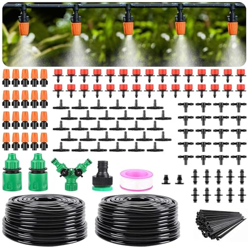 Garden Drip Irrigation Kit,98FT/30M Greenhouse Micro Automatic Drip Irrigation System Kit with 1/4 inch Blank Distribution Tubing Hose Adjustable Patio Misting Nozzle Emitters Sprinkler