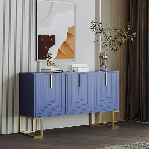 Merax Sideboard Kommode mit 3 Türen, Moderne Küchenschrank mit Verstellbare Ablage, Buffetschrank mit viel Stauraum, schlichten Stil, Metallbeinen, für Wohnzimmer Esszimmer Flur, Blau, 138x40x80,5cm