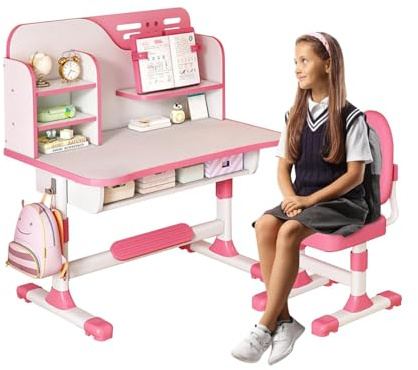 Bidbory Kinderschreibtisch und Stuhl Set Höhenverstellbar Ergonomischer Mädchen Kinder Schreibtisch Rosa, Stauraum & Schublade, bis 300KG Belastbar, für Kind von 3–18 Jahren