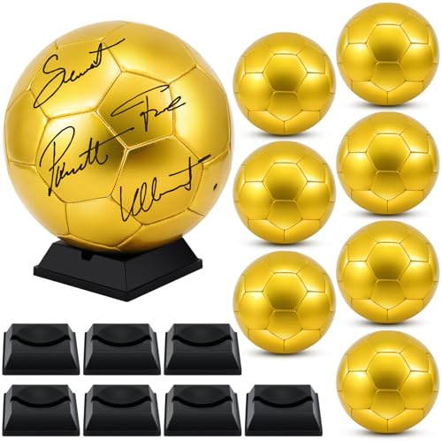 Hiboom 4 Pcs Gold Soccer Ball Autograph Football with Display Stand Air Pump for Trophies Anniversary High School College Coaching Gift Awards Championship Party (Size 5,Gold)