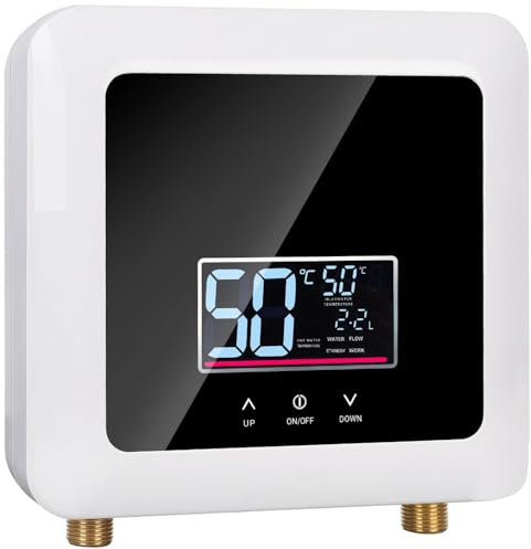 Elektronischer Durchlauferhitzer Küche 220V 7500W elektrische Warmwasserbereiter tankloser Mini-Warmwasserbereiter mit LED Temperaturanzeige, Elektrisch Instant Klein Durchlauferhitzer (White)