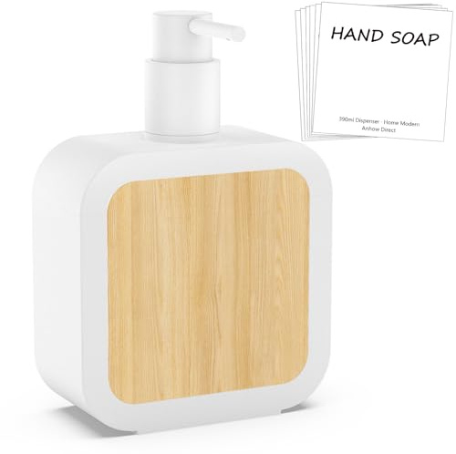 Anhow Seifenspender Weiß 390ml, Pumpspender für Flüssigseife Shampoo Flaschen zum Befüllen Spülmittelspender Handseifenspender Soap Dispenser für Küche und Badezimmer - Weiß mit Bambus