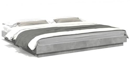 Swpsd Super King Engineered Wood Bed Frame with LED Lights - Concrete Grey, Modern Bedroom Furniture with Plywood Slats and USB Connector