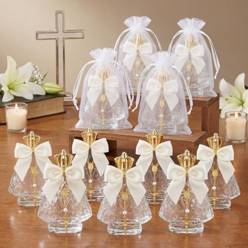 Chuangdi 12 juegos de botellas de agua bendita, recuerdos de bautizo | Bautismo Favors for Guests, recipiente vacío de vidrio con rosario cruzado bolsa de organza lazo, 50 ml