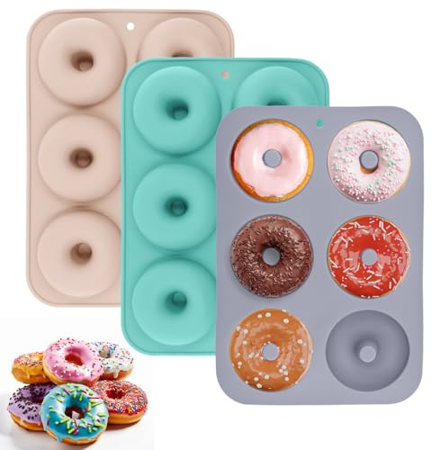 TOKSEO Lot de 3 moules à donuts, ronds, en silicone, à 6 cavités, antiadhésifs, pour gâteaux, biscuits, bagels, muffins (bleu, rose, gris)