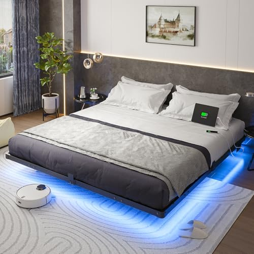 Liians King Size Floating Bed Frame with Smart LED Lights and USB Charging Station, Modern Sturdy Metal Platform, Noise Free, No Box Spring Needed Easy Assembly