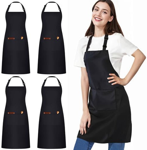umboom 4 Pezzi Grembiuli Nero, Regolabile Grembiule da Cuoco con 2 Tasche per Uomo Donna, Professionale Grembiule da Lavoro per Cucina, Ristorante, Giardino, Pittura, Pasticceria (Impermeabile)