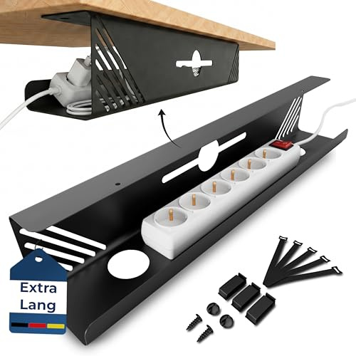 Kabelkanal Schreibtisch Schwarz 60 cm – große Kabelwanne aus Stahl zum Kabel verstecken unter dem Schreibtisch | Kabelmanagement für Steckdosenleiste & Netzteile | Einfache Montage