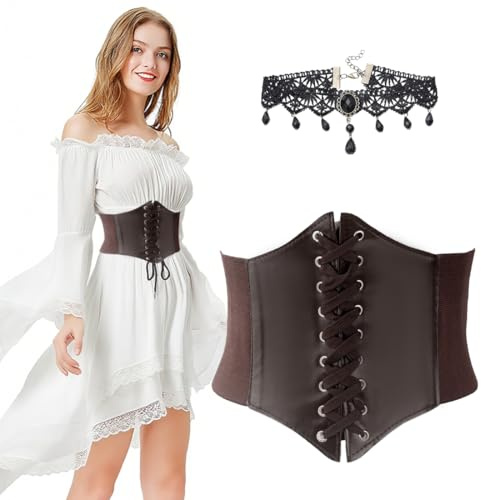 KOQAIIZ Ceinture Corset Femme Bustier, Corset Medieval Femme, avec 1 Collier Choker, Corset Rétro Vintage, pour Robes, Chemises et Vêtements de Tous les Jours