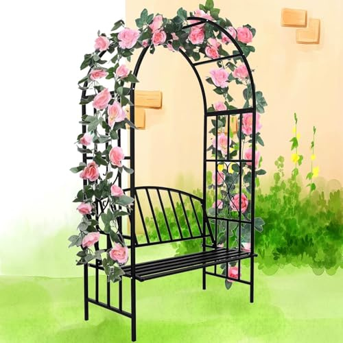 QYANPEN Terrassen-Gartenlaube mit Bank, Gartenbogen aus Stahl mit Sitz für 2 Personen, Metall-Spalierbogen für Kletterpflanzen mit Gartenbank, 206 cm hoch (schwarz)