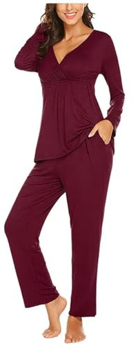 Damen Stillpyjama Lang Umstands Zweiteiliger Schlafanzug Stillschlafanzug Baumwolle Umstandspyjama Langarm Umstandsmode Winter Hausanzug für Schwangerschaft Pyjama Set Pyjama Damen Mit (Red, M)