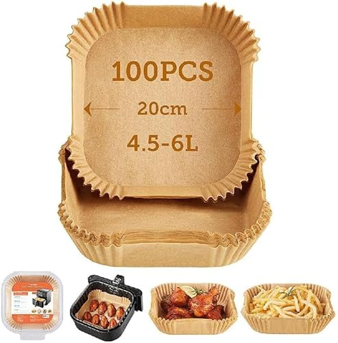 SMART-J Carta Forno Quadrata per Friggitrice ad Aria 16x16x4,5 cm – 100 Pezzi, Usa e Getta, Antiaderente, Resistente all'Olio e all'Acqua, Ideale per Air Fryer, Forno e Cottura