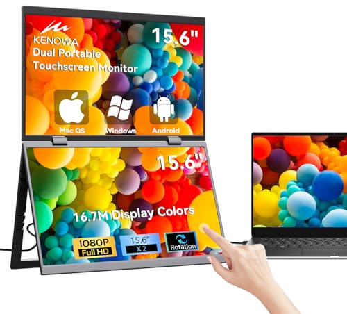 Kenowa 15.6 TouchScreen Dual Screen Monitor IPS Full HD 1080P Portable Touch Screen Folding Dual Dispaly 360° Rotatable with Speakers/Type-C/Mini HDMI Port for Laptop,Windows,Mac,PS4/5,Xbox,Plug&Play
